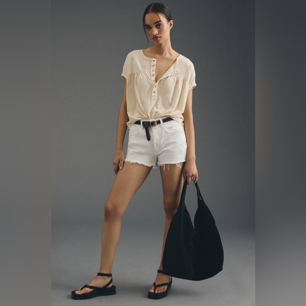 Pilcro Ruched Henley Tee XS Ivory Cream Button Front Cotton Anthropologie Top